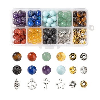 192Pcs 8 Styles 10mm Gemstone Beads Chakra Yoga Healing Stone Kits, with Alloy Star, Peace Sign, Key Charms, Spacer Beads, for DIY Gemstone Bracelets Making, Mixed Color