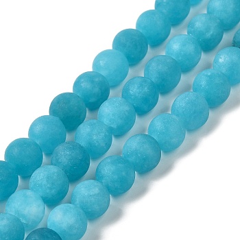 Natural Dyed White Jade Beads Strands, Frosted, Round, Deep Sky Blue, 8~8.5mm, Hole: 1mm, about 47~48pcs/strand, 14.69''~14.96''(37.3~38cm)