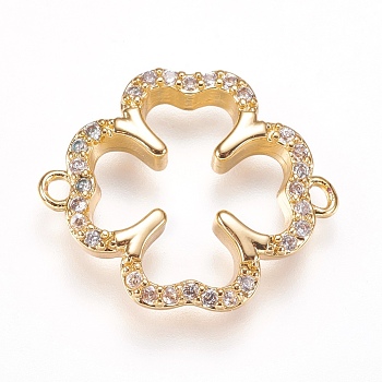 Brass Micro Pave Cubic Zirconia Links, Clover, Clear, Golden, 18.2x15x2.5mm, Hole: 1mm