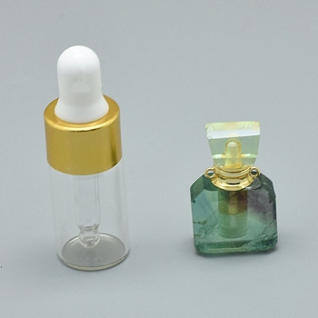 Faceted Natural Fluorite Openable Perfume Bottle Pendants, with Brass Findings and Glass Essential Oil Bottles, 30x18x10.5mm, Hole: 1.2mm, Glass Bottle Capacity: 3ml(0.101 fl. oz), Gemstone Capacity: 1ml(0.03 fl. oz)