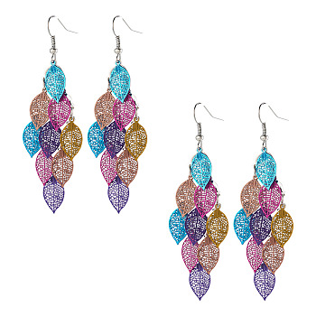 2 Pairs 430 Stainless Steel Leaf Dangle Earrings, with Iron Earring Hooks, Platinum, Indian Red, 79mm