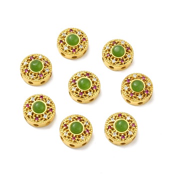Rack Plating Brass Micro Pave Cubic Zirconia Beads, with Glass, Long-Lasting Plated, Cadmium Free & Lead Free, Flat Round, Matte Gold Color, 13x7mm, Hole: 2mm