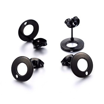 304 Stainless Steel Stud Earring Findings, with Loop, Flat Round, Electrophoresis Black, 10x1mm, Hole: 1.5mm, Pin: 0.8mm