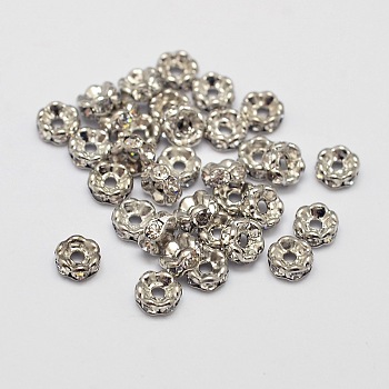 Flower Brass Rhinestone Bead Spacers, Platinum, 4x2mm, Hole: 1mm