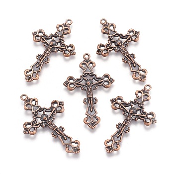 Tibetan Style Alloy Pendants, For Easter, Crucifix Cross Pendant, Red Copper, Lead Free and Cadmium Free and Nickel Free, 43.5x26x3mm, Hole: 2mm