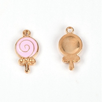 Alloy Enamel Pendants, Lollipop, Light Gold, Pink, 18x9.5x2mm, Hole: 1.5mm