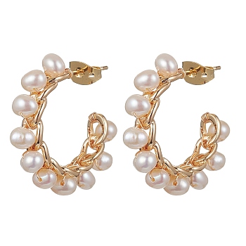 Brass Ring Stud Earrings, Natural Pearl Beaded Half Hoop Earrings, Golden, 25~26x4.5mm