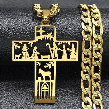 304 Stainless Steel Christian Cross Pendant Cuban Link Chain Necklaces, Golden, 21.65 inch(55cm)