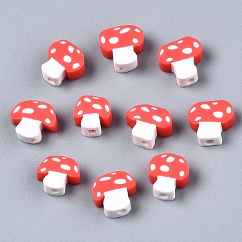 Handmade Polymer Clay Beads, Mushroom, Red, 9~13x8.5~12x4~5mm, Hole: 1.8mm