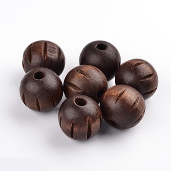 Natural Wood Beads, Lead Free, Dyed, with Carved Pattern, Round, Coffee, 25mm, Hole: 6~7mm