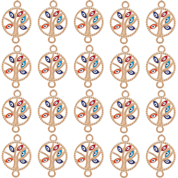 40Pcs Alloy Enamel Connector Charms, Flat Round Tree Links with Evil Eye, Rose Gold, Colorful, 23.5x16.5x2mm, Hole: 2mm