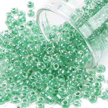 8/0 Glass Seed Beads, Transparent Inside Colours Luster, Round Hole, Round, Green, 8/0, 3~4x2~3mm, Hole: 0.8mm, about 1666pcs/50g