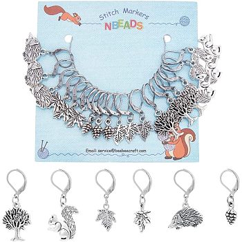 18Pcs 6 Style Hedgehog & Squirrel & Leaf & Pine Cone Tibetan Style Charms Locking Stitch Marker, with 304 Stainless Steel Leverback Earring Hook, Antique Silver, 30~39mm, Pin: 0.5mm, 3Pcs/style