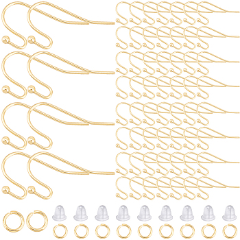 100Pcs 304 Stainless Steel Earring Hooks, Circle Ball End Ear Wire, with 100Pcs Open Jump Rings, 100Pcs Plastic Ear Nuts, Golden, 22 Gauge, 20x12x1.8mm, Pin: 0.6mm