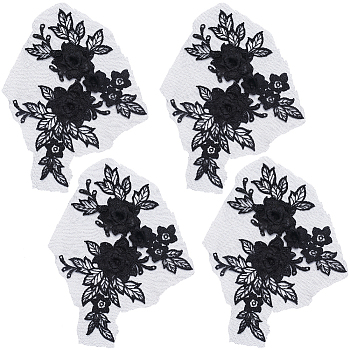 3D Flower Polyester Embroidery Sew on Appliques, Sewing Craft Decoration for Wedding Dress, Cheongsam, Black, 191x150x10.5mm