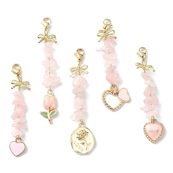 Natural Rose Quartz Chip Beaded Pendant Decorations, Valentine's Day Alloy Enamel Charms and 304 Stainless Steel Lobster Claw Clasps, Heart & Tulip & Bowknot, 61~71mm