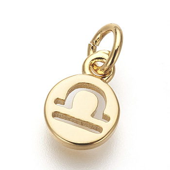 Brass Charms, Lead Free & Cadmium Free, Flat Round with Constellations, Golden, Libra, 9.5x7x1mm, Hole: 3mm