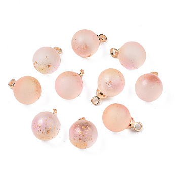 Two Tone Transparent Spray Painted Glass Pendants, with Light Gold Plated Brass Loop, Frosted, with Glitter Powder, Round, PeachPuff, 12x8mm, Hole: 2mm