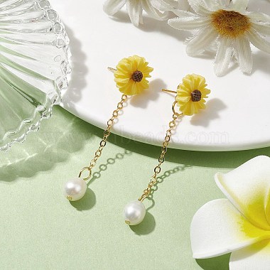 Natural Pearl & Resin Sunflower Dangle Stud Earrings(EJEW-JE05692-02)-2