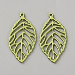 Spray Painted Alloy Pendants, Leaf Charms, Green, 49.5x25.5x1.5mm, Hole: 1.8mm(FIND-WH0365-088A)