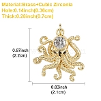 1Pc Brass Micro Clear & Black Cubic Zirconia Pendants, Long-Lasting Plated, Octopus Shape Charms, with Jump Ring, Real 18K Gold Plated, 22x21x7mm, Hole: 3.6mm(ZIRC-YW0001-17)