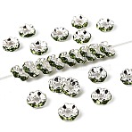 Brass Grade A Rhinestone Spacer Beads, Rondelle, Nickel Free, Silver, Peridot, 6x3mm, Hole: 1mm(RSB028NF-10)
