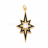 Brass Micro Pave Clear Cubic Zirconia Pendants, with Enamel and Jump Ring, Cadmium Free & Nickel Free & Lead Free, Star, Real 16K Gold Plated, Black, 34.5x18x4mm, Jump Ring: 4.5x0.8mm, 2.9mm inner diameter(ZIRC-S067-071A-NR)