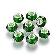 Handmade Glass European Beads, Large Hole Beads, Silver Color Brass Core, Dark Green, 14x8mm, Hole: 5mm(GPDL25Y-71)