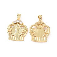 Brass Micro Pave Cubic Zirconia Pendants, Crown with Virgin Mary & Rose Charm, Golden, 28x20x3mm, Hole: 5x3mm(ZIRC-P106-20G)