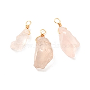 Natural Rose Quartz Pendants, with Real 18K Gold Plated Eco-Friendly Copper Wire, Nuggets, 22~37.5x10~21x7~10mm, Hole: 3mm(PALLOY-JF01048-03)