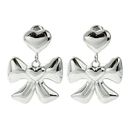 304 Stainless Steel Dangle Stud Earrings, Bowknot with Heart, Stainless Steel Color, 32x24mm(EJEW-Z038-09P)