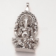 Tibetan Style Alloy Big Pendants, Hindu Elephant God Lord Ganesh Statue, Cadmium Free & Lead Free, Antique Silver, 61x32x7mm, Hole: 3.5mm, about 65pcs/1000g(TIBEP-T002-119AS-RS)