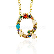 Golden Brass Micro Pave Cubic Zirconia Initial Pendants Necklaces, with Cable Chains, Colorful, Letter, Letter.Q, 17.9~18.1 inch(45.5~46cm)x1.5mm, LetterQ: 21x16x6mm(NJEW-S069-JN002-Q)