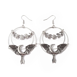 Bat with Moon Phase Alloy Dangle Earrings, Iron Halloween Jewelry for Women, Antique Silver, 90mm, Pin: 0.6mm(EJEW-G345-01AS)