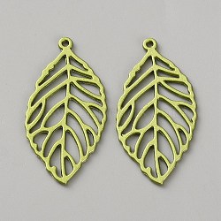 Spray Painted Alloy Pendants, Leaf Charms, Green, 49.5x25.5x1.5mm, Hole: 1.8mm(FIND-WH0365-088A)