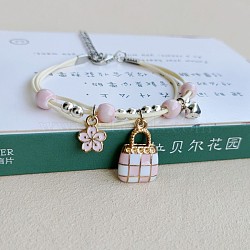 Cute Cartoon Alloy Enamel Multi-strand Charm Bracelets, Adjustable Wax Cord Handmade Porcelain Beads Jewelry for Girls, Bag, 5-7/8 inch(15cm)(WG000A8-05)