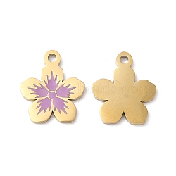 Ion Plating(IP) 316L Surgical Stainless Steel Charms, Nickel Free, with Enamel, Flower Charm, Real 18K Gold Plated, Violet, 14x12x1.2mm, Hole: 1.5mm(STAS-H213-23G)