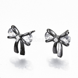 Brass Stud Earrings, with Clear Cubic Zirconia, Nickel Free, Bowknot, Gunmetal, 9.5x9.5mm, Pin: 0.7mm(KK-T062-44B-NF)