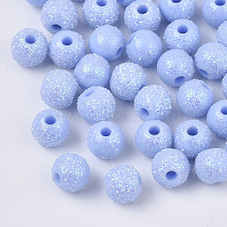 Opaque Acrylic Beads, with Glitter Powder, Round, Light Sky Blue, 8.5x7mm, Hole: 2mm(MACR-T033-01D)