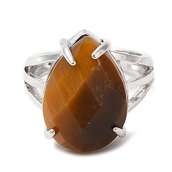 Natural Tiger Eye Teardrop Adjustable Rings, Platinum Brass Ring, Lead Free & Cadmium Free, US Size 7(17.3mm)(RJEW-K241-03P-12)