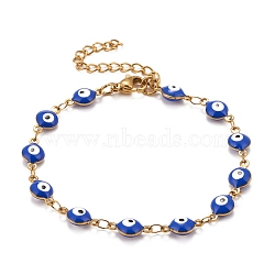 Enamel Oval with Evil Eye Link Chains Bracelet, Vacuum Plating 304 Stainless Steel Jewelry for Women, Golden, Blue, 6-1/2 inch(16.5cm)(BJEW-P271-04G-04)