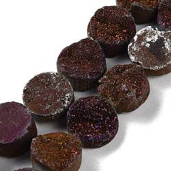 Electroplated Natural Druzy Agate Beads Strands, Dyed, Flat Round, Purple Plated, 10x10x4~7mm, Hole: 1mm, about 20pcs/strand, 7.99''(20.3cm)(G-M433-01E)