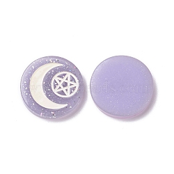 Resin Cabochons, with Glitter Powder, Flat Round with Moon & Pentagram Pattern, Lilac, 29x5.5mm(RESI-G055-02E)