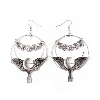 Bat with Moon Phase Alloy Dangle Earrings, Iron Halloween Jewelry for Women, Antique Silver, 90mm, Pin: 0.6mm