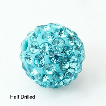 Polymer Clay Rhinestone Beads, Pave Disco Ball Beads, Grade A, Round, Half Drilled, Aquamarine, 10mm, Hole: 1mm