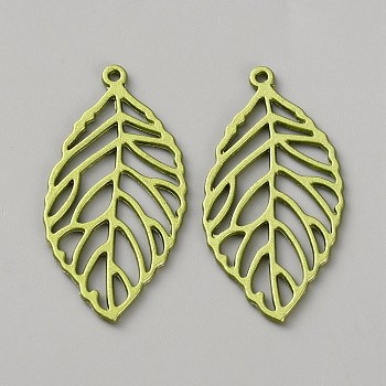 Spray Painted Alloy Pendants, Leaf Charms, Green, 49.5x25.5x1.5mm, Hole: 1.8mm