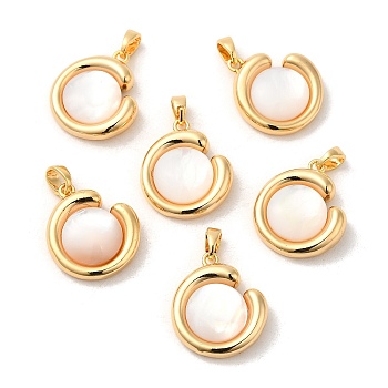 Brass Pave Shell Pendants, Flat Round Charms, Real 18K Gold Plated, 19x16x6mm, Hole: 4x3mm