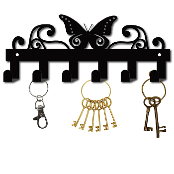 Iron Wall Mounted Hook Hangers, Decorative Organizer Rack with 6 Hooks, for Bag Clothes Key Scarf Hanging Holder, Butterfly, Gunmetal, 11x27cm