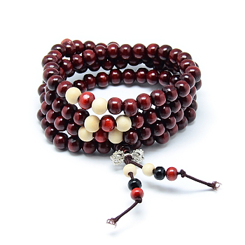 Dual-use Items, Wrap Style Buddhist Jewelry Dyed Wood Round Beaded Bracelets or Necklaces, Dark Red, 520mm