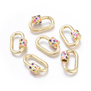 Brass Screw Carabiner Lock Charms, with Enamel, for Necklaces Making, Long-Lasting Plated, Cadmium Free & Lead Free & Nickel Free, Oval, Colorful, Real 18K Gold Plated, 23x15x2mm, Screw: 7.5x6.5x6.5mm